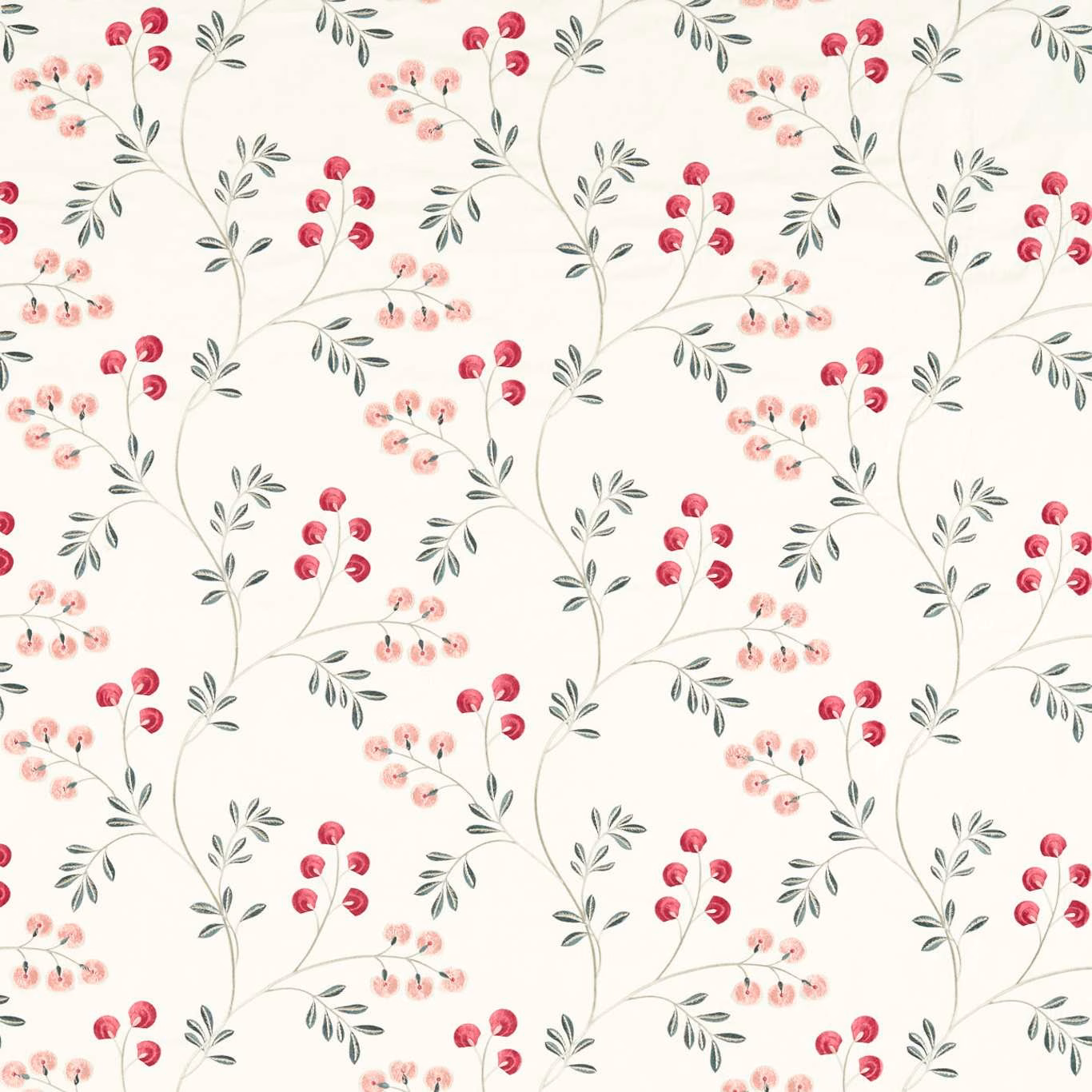 Cream botanical fabric with raspberry berries, blush blossoms and sage-grey leafy stems
