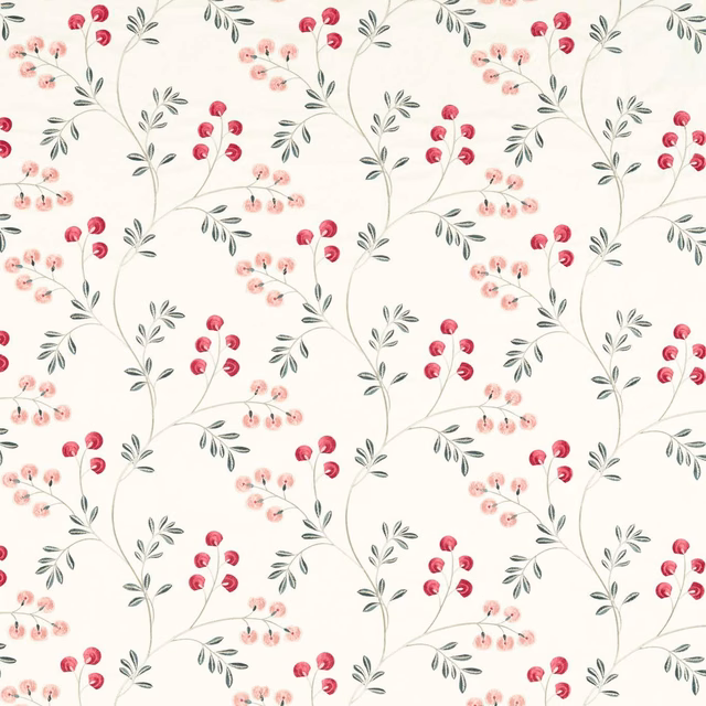 Cream botanical fabric with raspberry berries, blush blossoms and sage-grey leafy stems