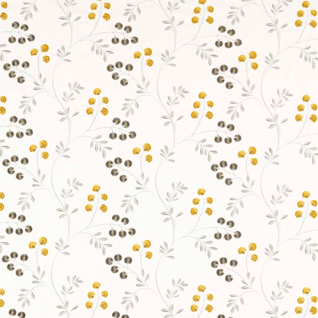 Ivory fabric with pewter-grey leafy sprigs and chartreuse berry clusters