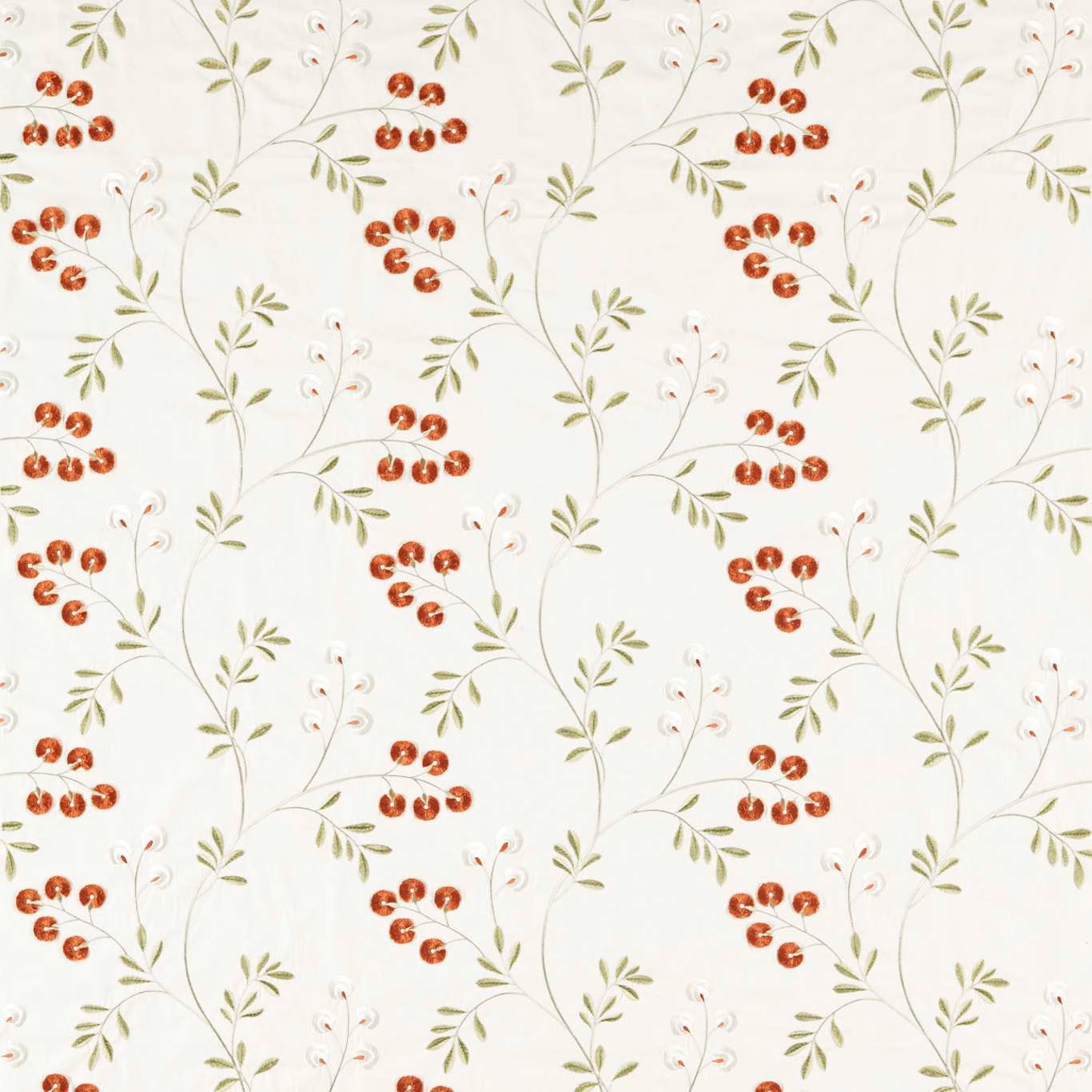 Warm cream botanical fabric with spice-red berries and olive trailing leaves