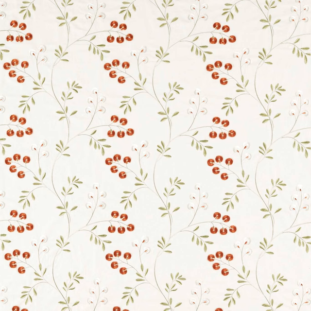 Warm cream botanical fabric with spice-red berries and olive trailing leaves