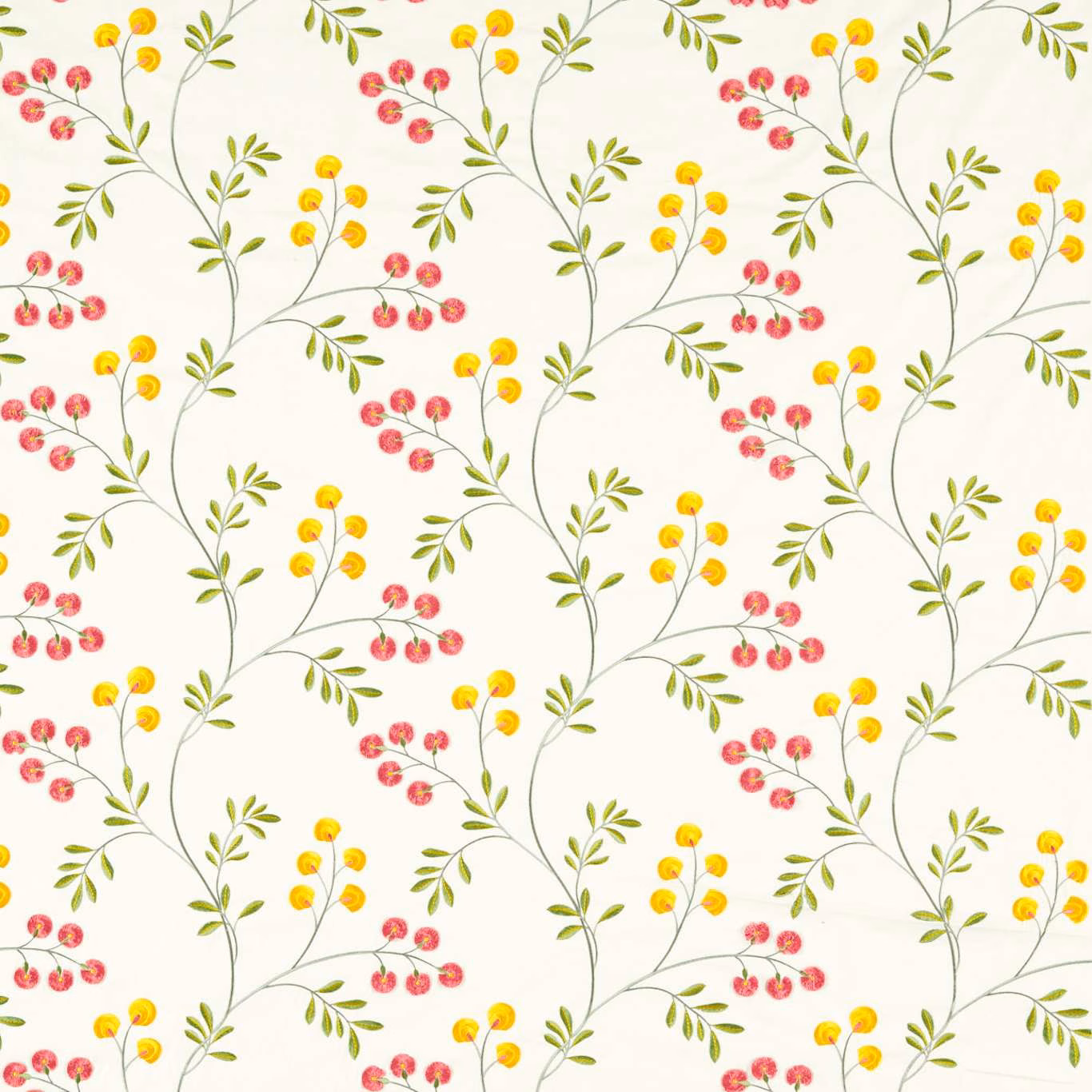Cream botanical fabric with green stems, red berries and yellow blooms