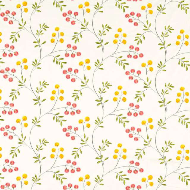 Cream botanical fabric with green stems, red berries and yellow blooms