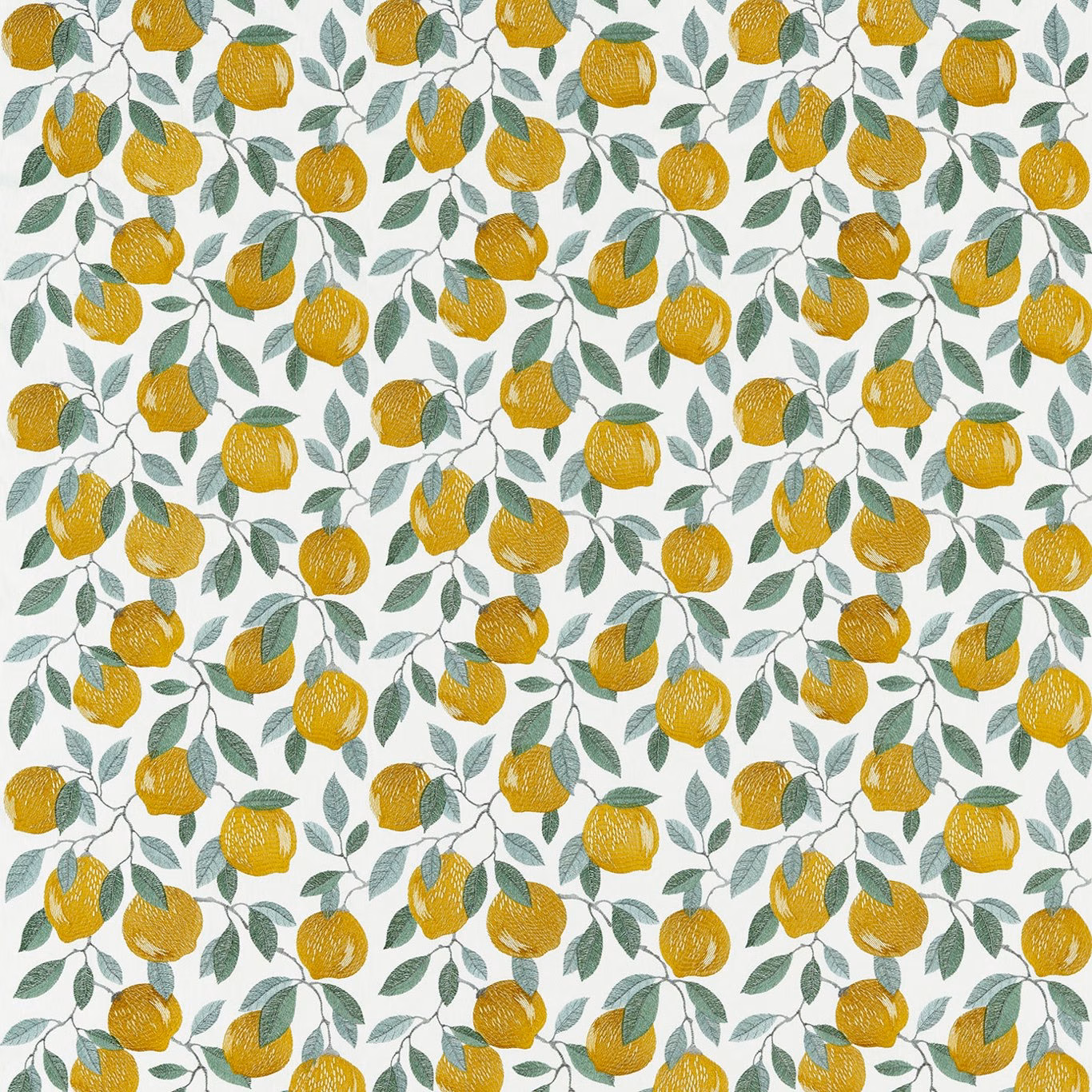 Golden yellow lemons and blue-green leaves on a pale botanical fabric ground