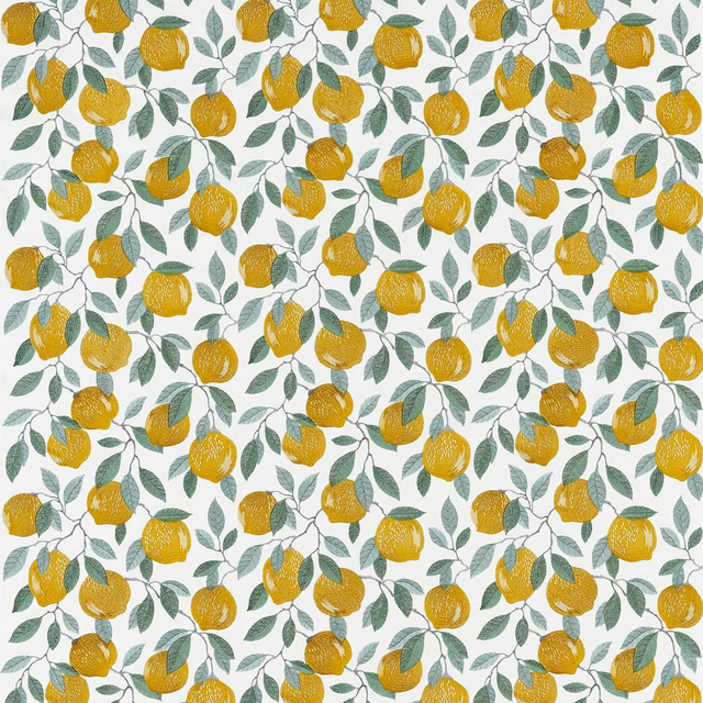 Golden yellow lemons and blue-green leaves on a pale botanical fabric ground