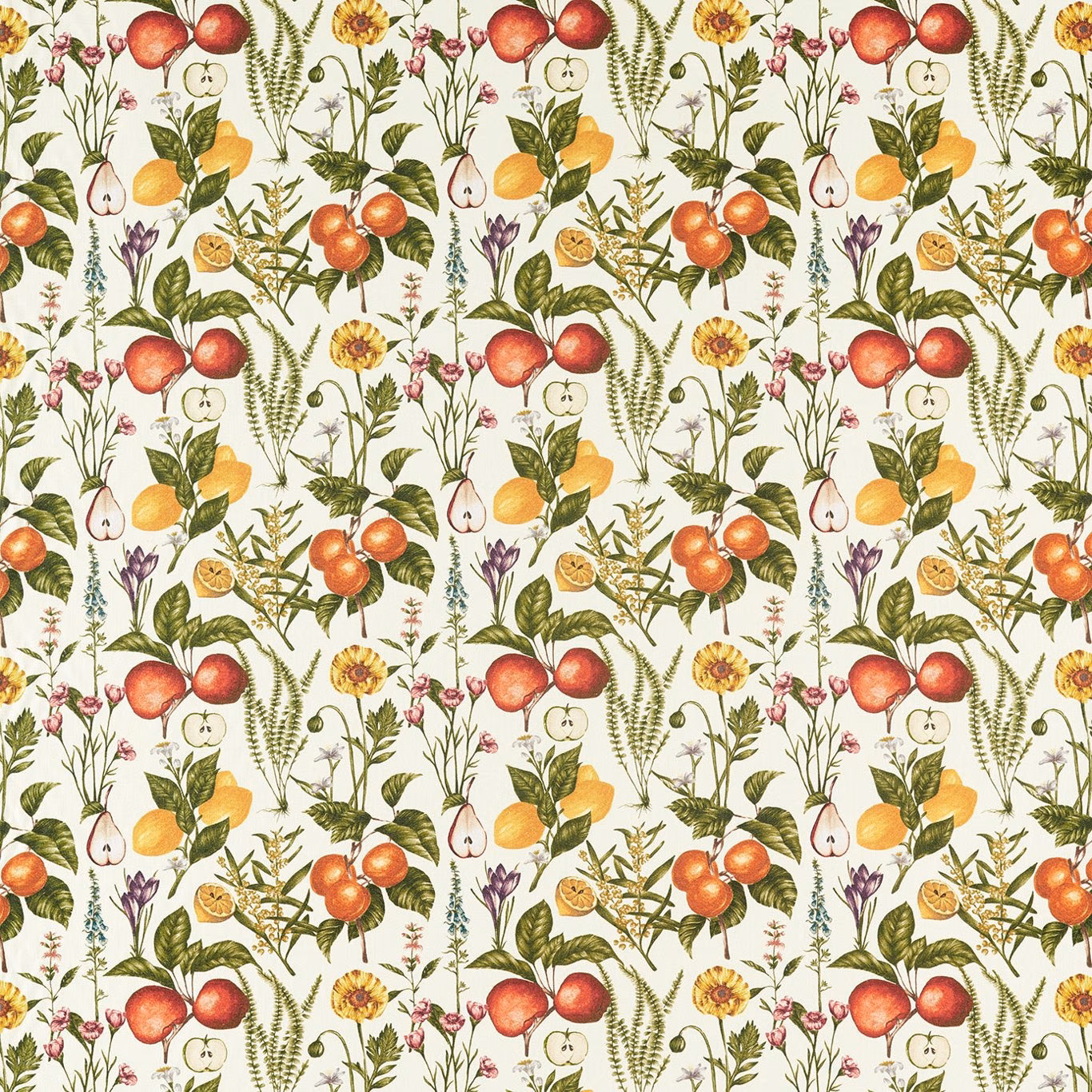 Warm cream botanical textile with red apples, citrus, berries and fine green foliage