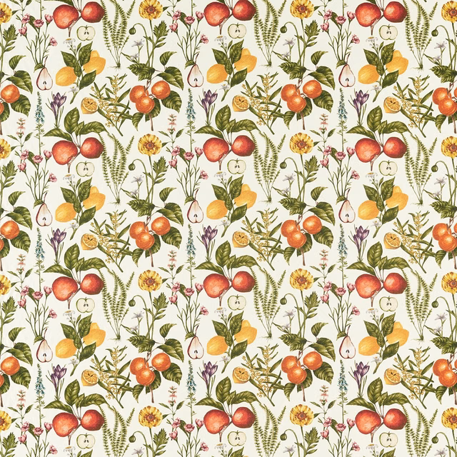 Warm cream botanical textile with red apples, citrus, berries and fine green foliage