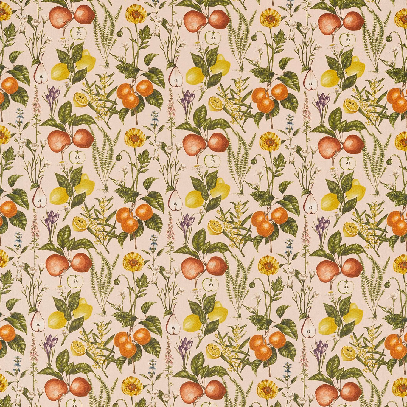 Blush pink botanical fabric with apples, citrus fruit, flowers and fine green foliage