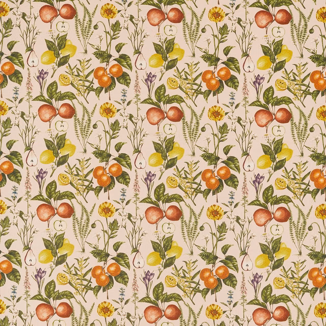 Blush pink botanical fabric with apples, citrus fruit, flowers and fine green foliage