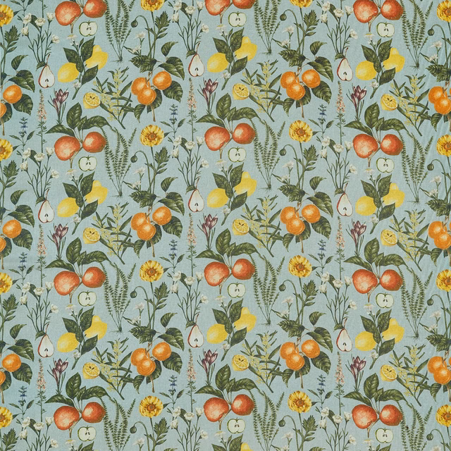 Mineral-blue botanical fabric with orange fruit, yellow citrus and fine leafy stems