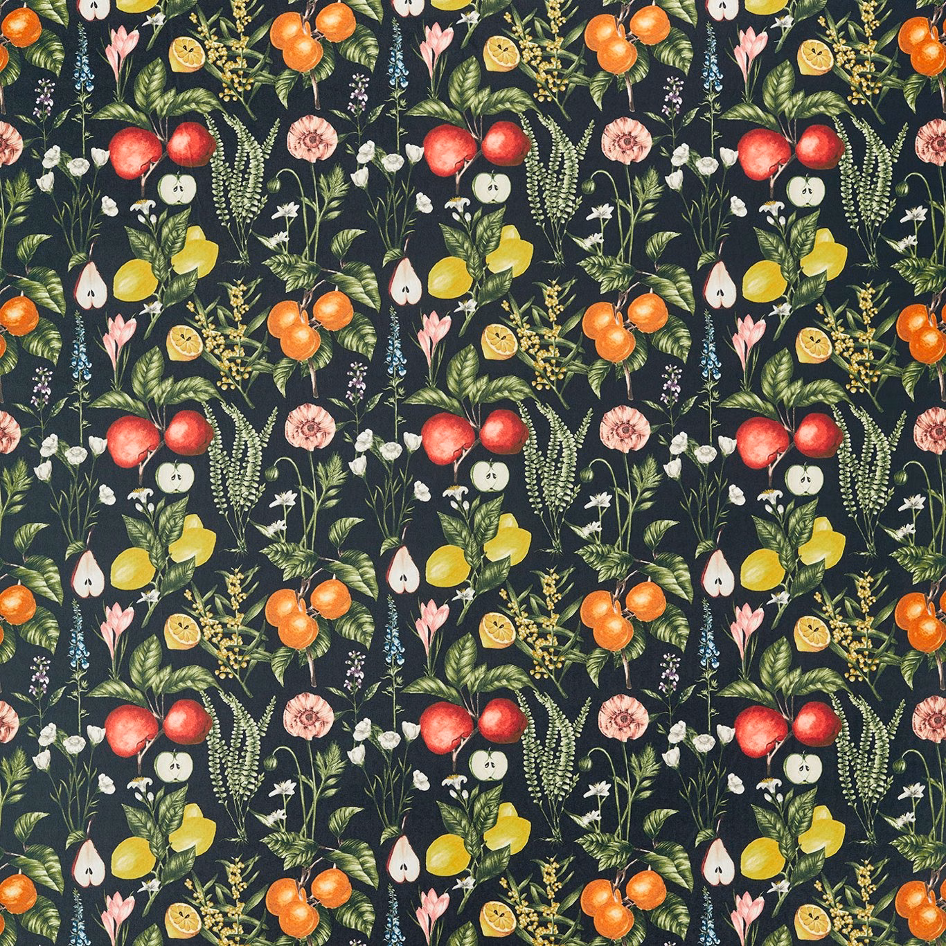 Ebony velvet with orange fruit, red apples, yellow citrus and fine botanical sprigs