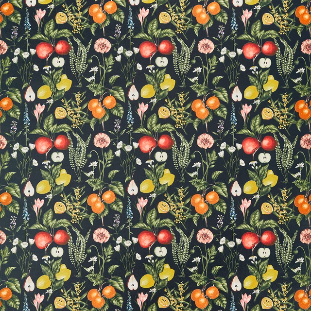 Ebony velvet with orange fruit, red apples, yellow citrus and fine botanical sprigs