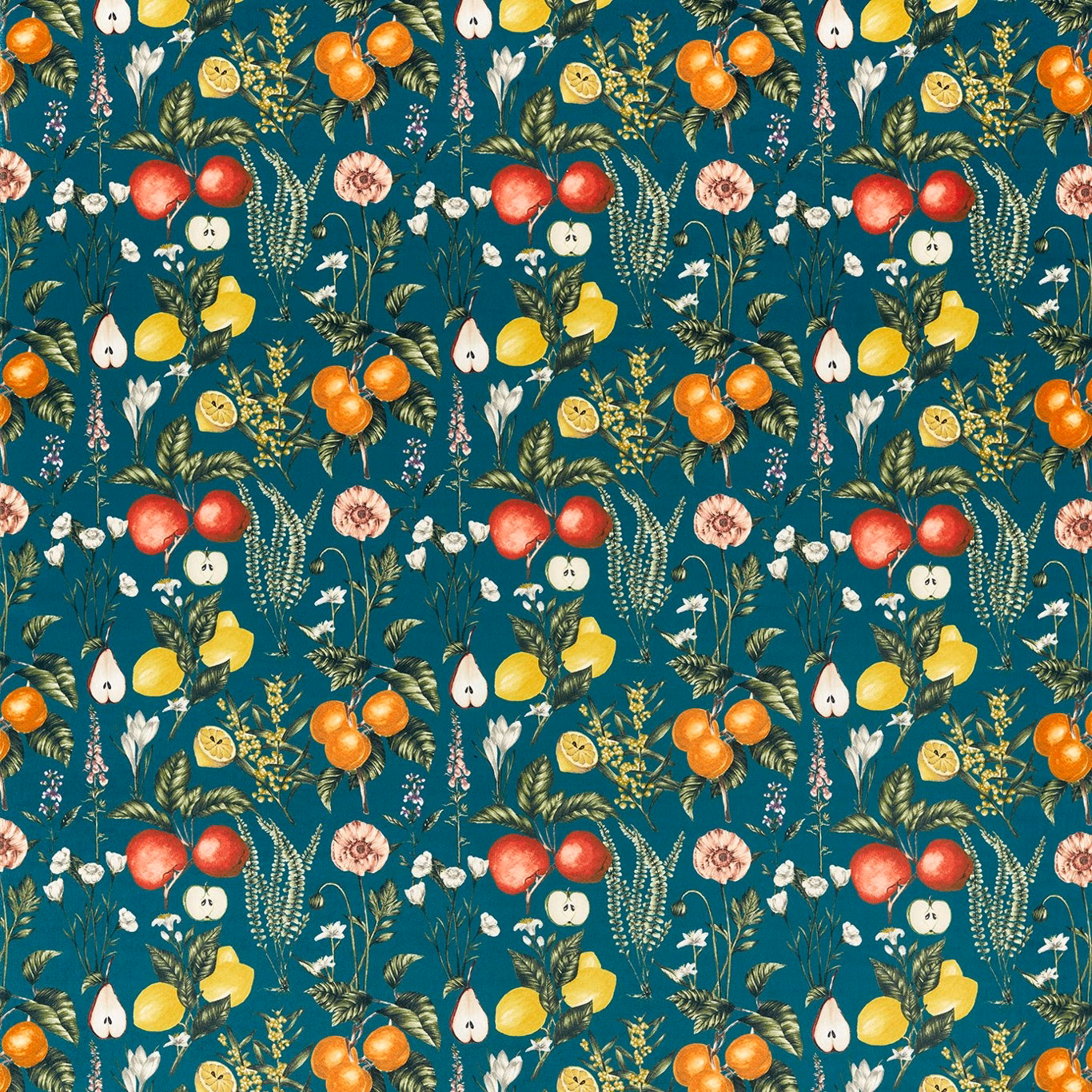 Deep teal velvet with repeating colourful fruit, flowers, leaves and fine botanical stems