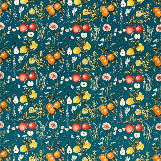 Deep teal velvet with repeating colourful fruit, flowers, leaves and fine botanical stems
