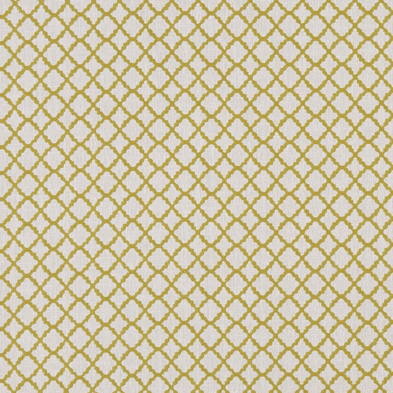 Muted chartreuse trellis weave on a cream ground with small interlocking diamonds