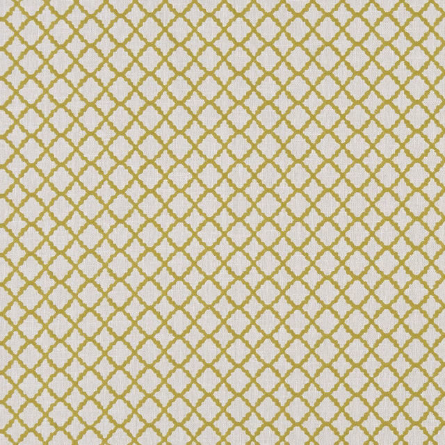 Muted chartreuse trellis weave on a cream ground with small interlocking diamonds