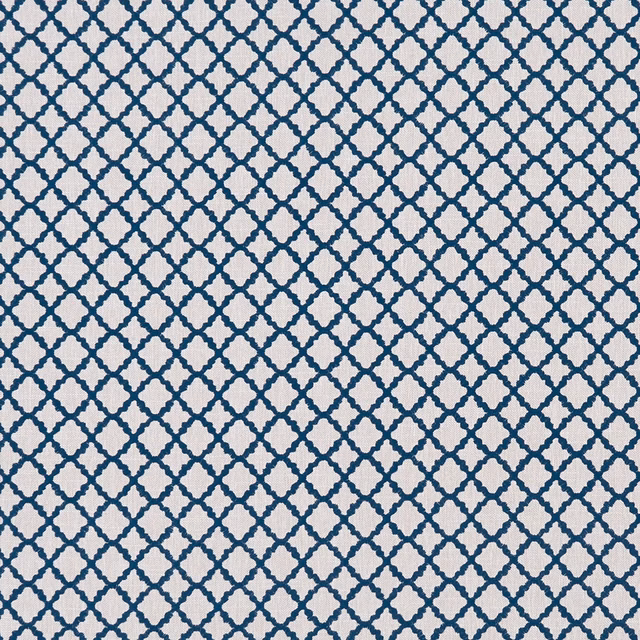 Cool denim-blue trellis pattern on a textured ivory upholstery fabric