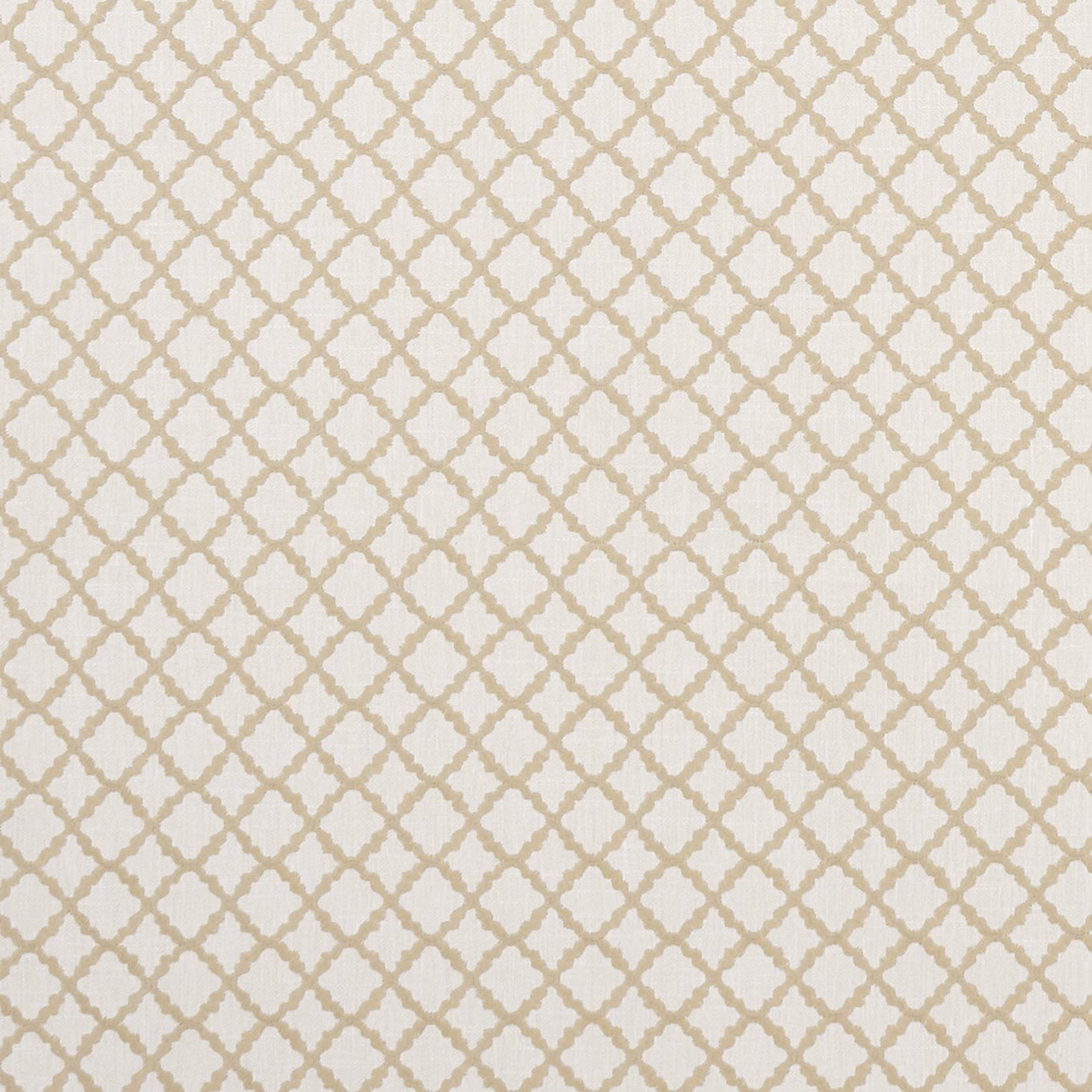 Ivory woven upholstery fabric with a small warm taupe diamond trellis pattern