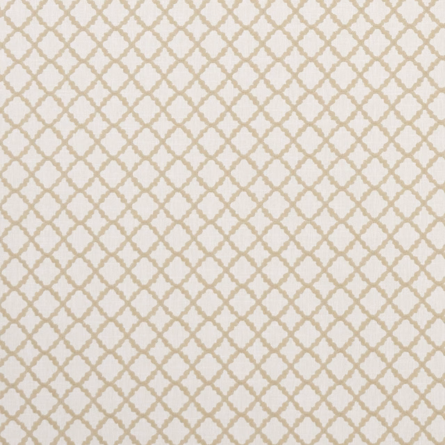 Ivory woven upholstery fabric with a small warm taupe diamond trellis pattern