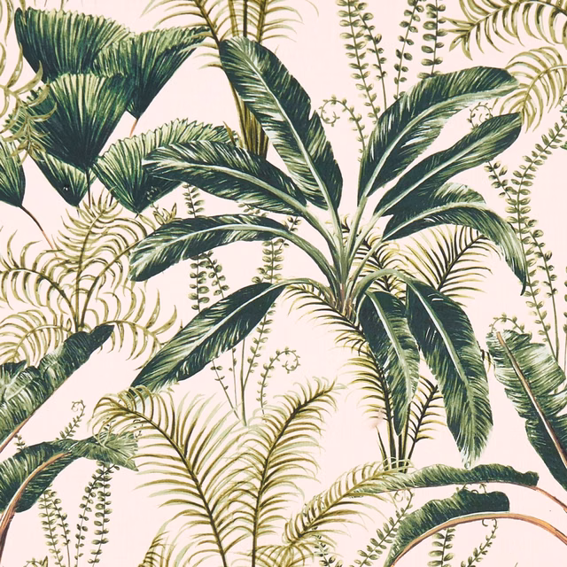 Blush pink tropical fabric with sweeping banana leaves and fine fern sprays