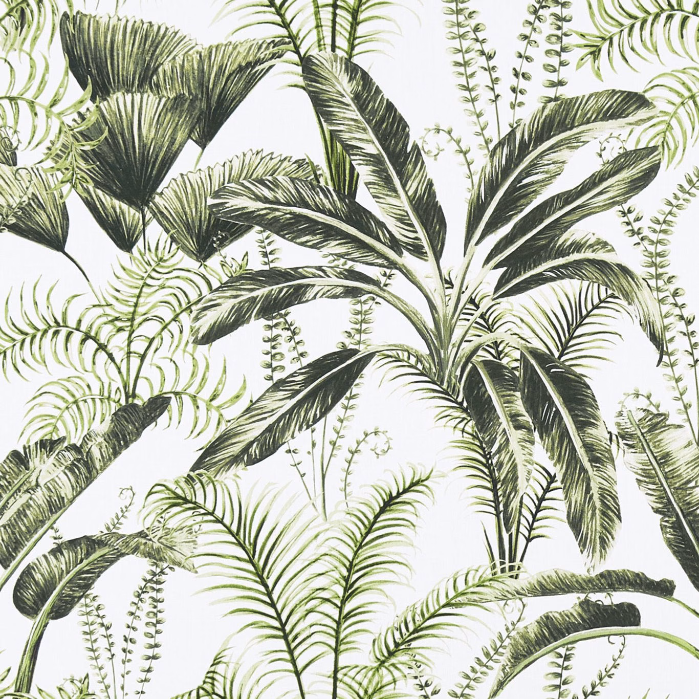 Ivory fabric with dark green palm fronds and delicate fern stems