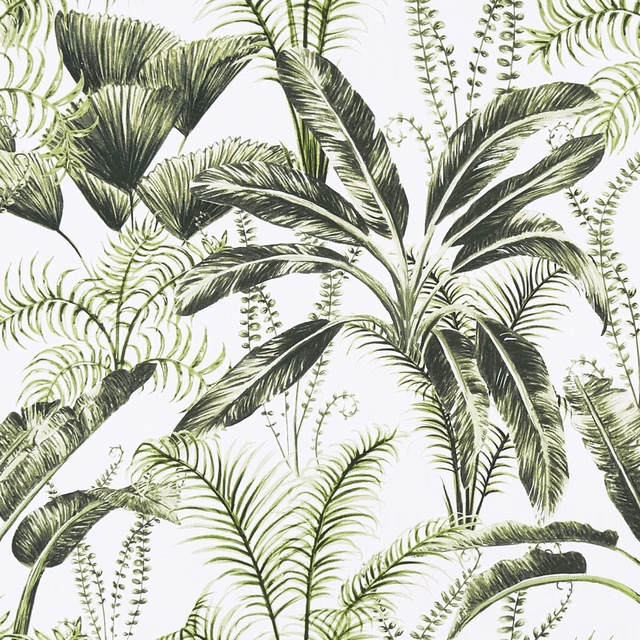 Ivory fabric with dark green palm fronds and delicate fern stems