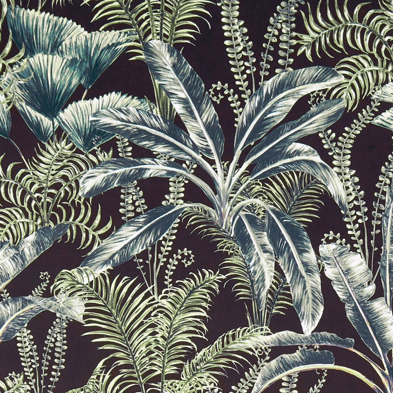 Deep charcoal velvet with pale sage, ivory and blue-grey tropical palm and fern leaves