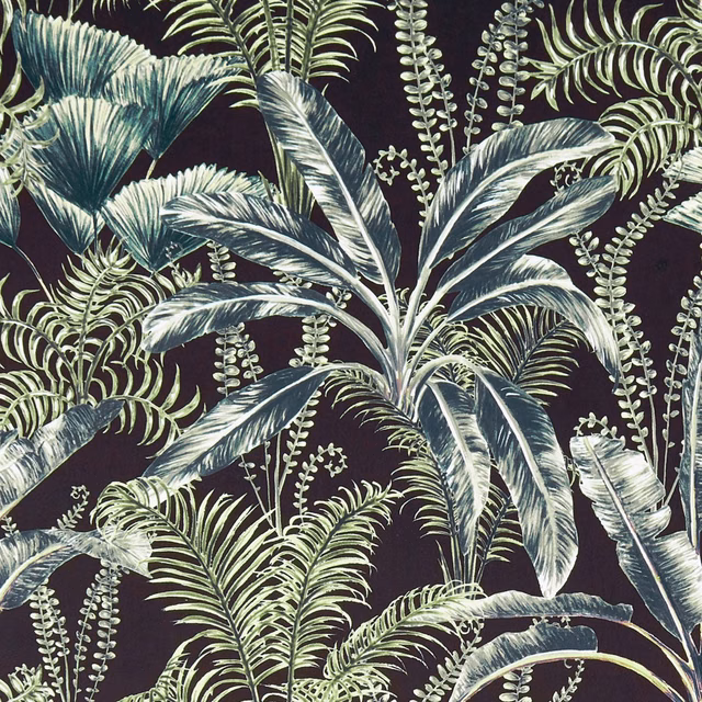Deep charcoal velvet with pale sage, ivory and blue-grey tropical palm and fern leaves
