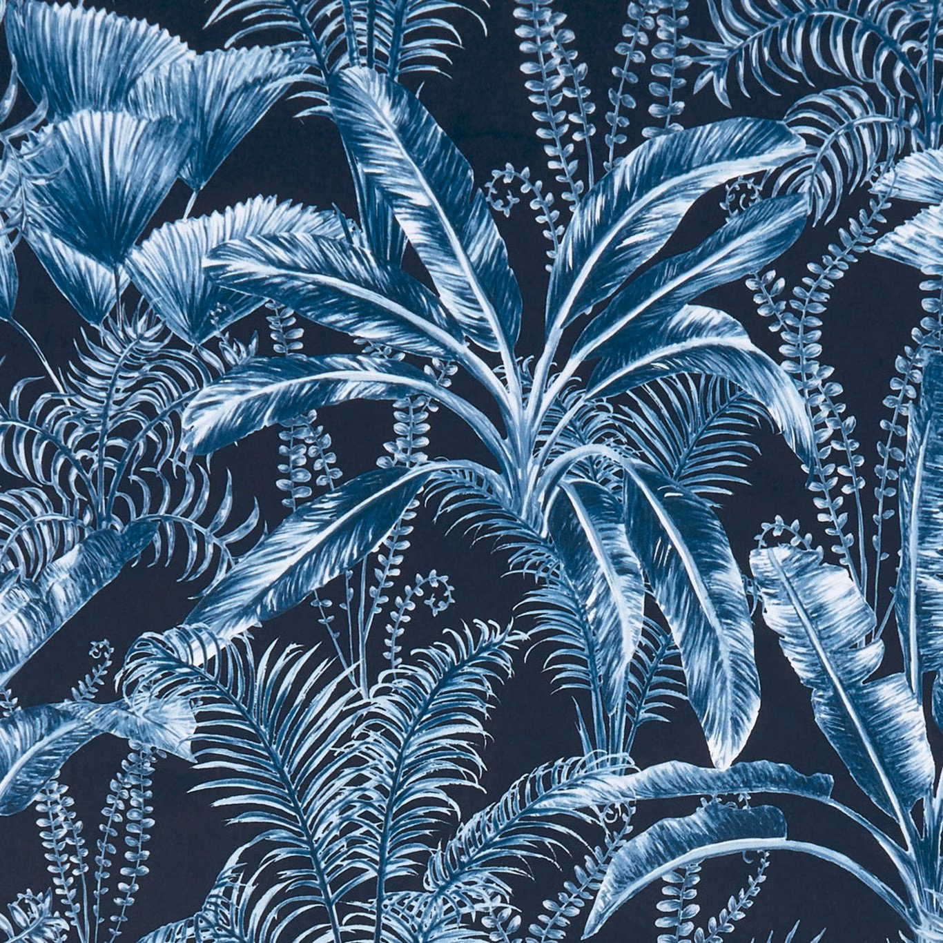 Icy blue tropical foliage in a dense pattern over a midnight navy velvet ground