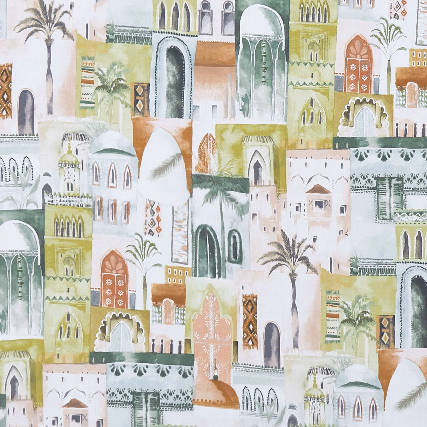 Sage, aqua and terracotta architectural fabric with arches, palms and geometric façades