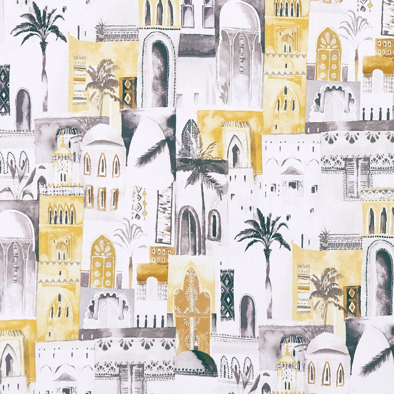 Charcoal and ochre Moroccan arches, palms and domes on an ivory ground