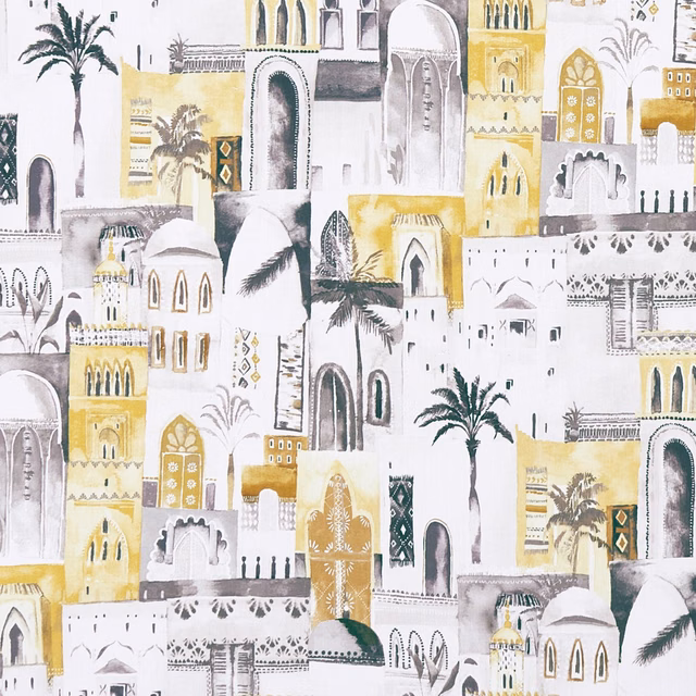 Charcoal and ochre Moroccan arches, palms and domes on an ivory ground
