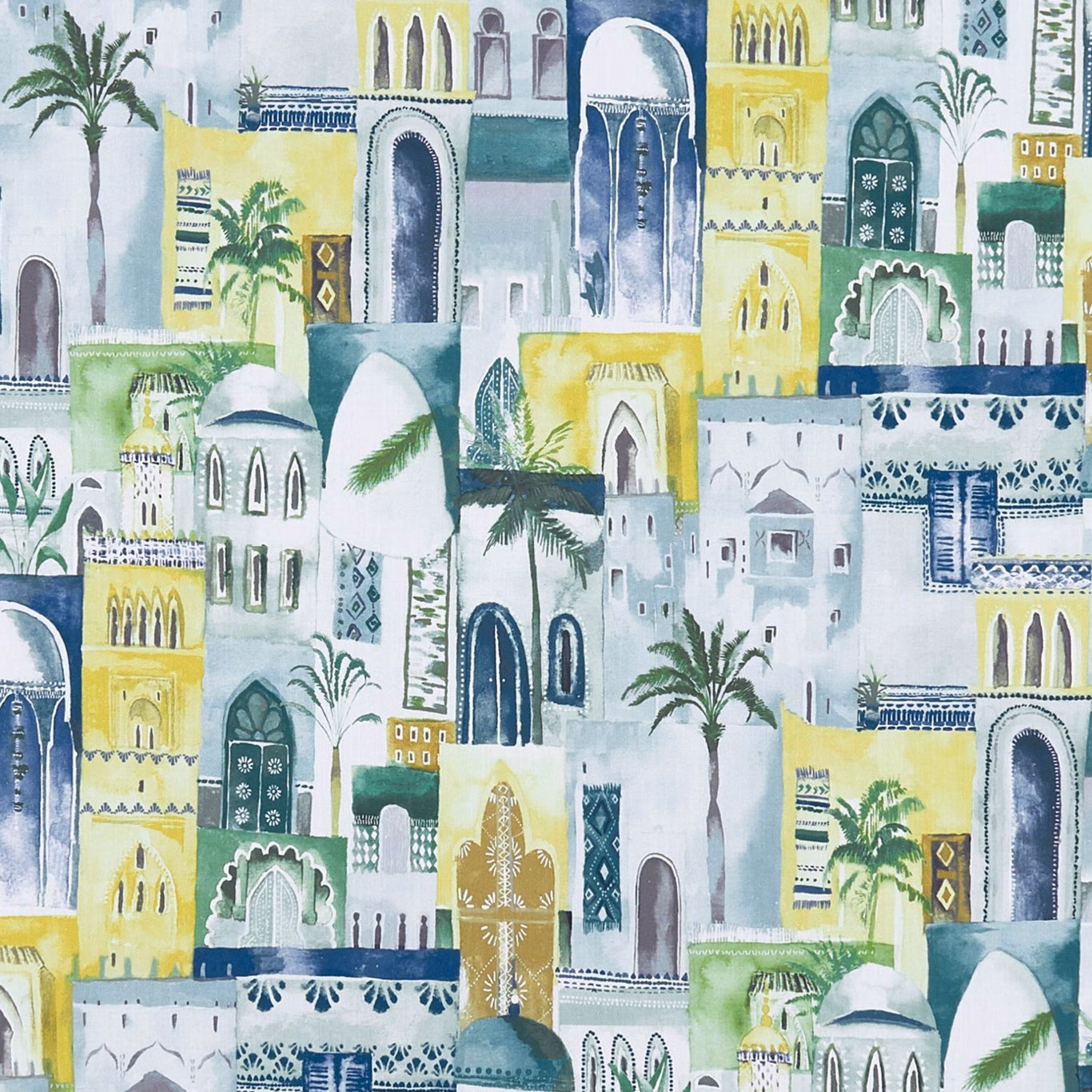 Cool blue and yellow Moroccan arches, palms and domes on a mineral textile