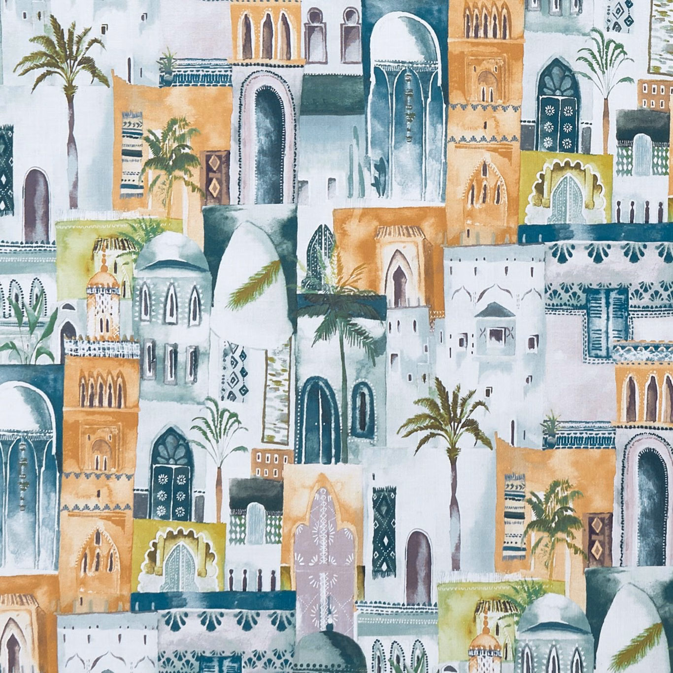 Teal and spice Moroccan cityscape with palms, arches and domed buildings