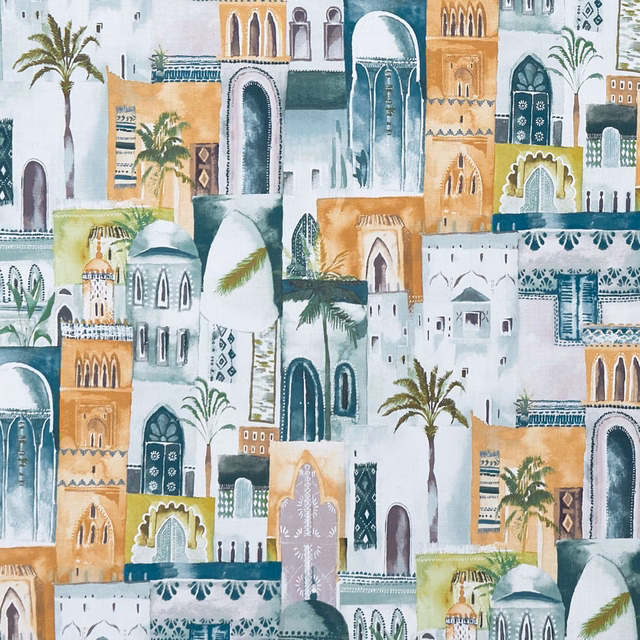 Teal and spice Moroccan cityscape with palms, arches and domed buildings