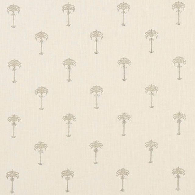 Warm ivory fabric with subtle champagne palm motifs and fine woven texture