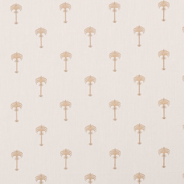 Ivory woven fabric with repeating soft rose-gold stylised palm tree motifs