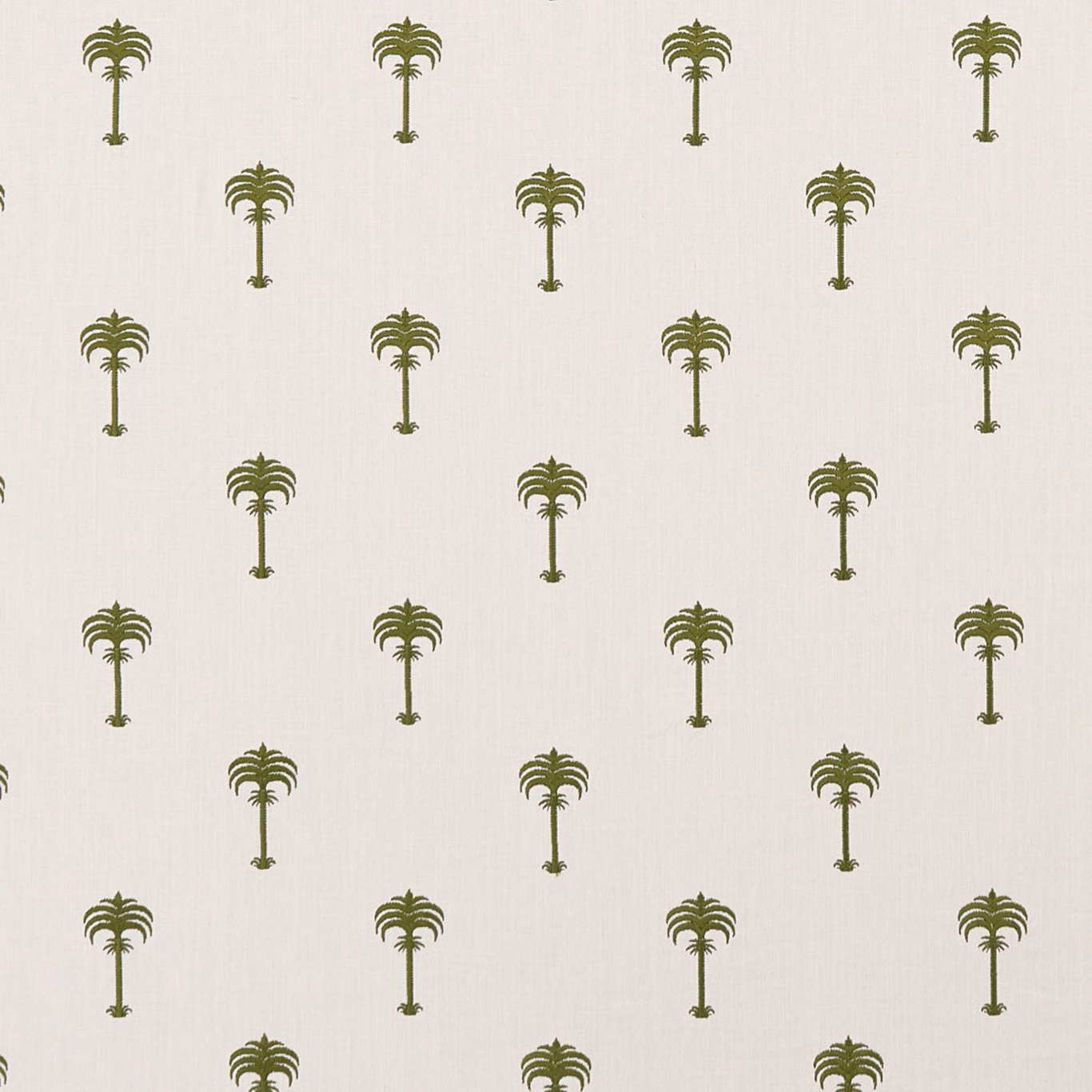 Cream woven fabric with repeating muted olive palm trees in neat rows