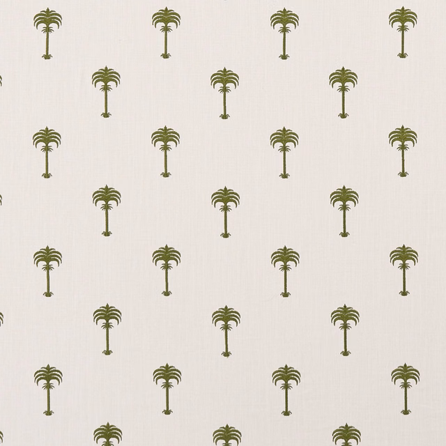Cream woven fabric with repeating muted olive palm trees in neat rows