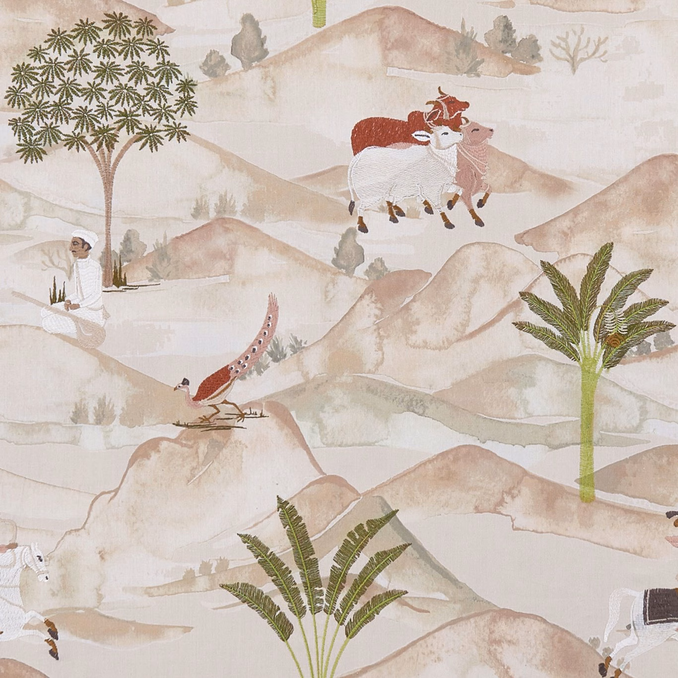 Pale blush scenic fabric with sage palms, terracotta figures and layered distant hills