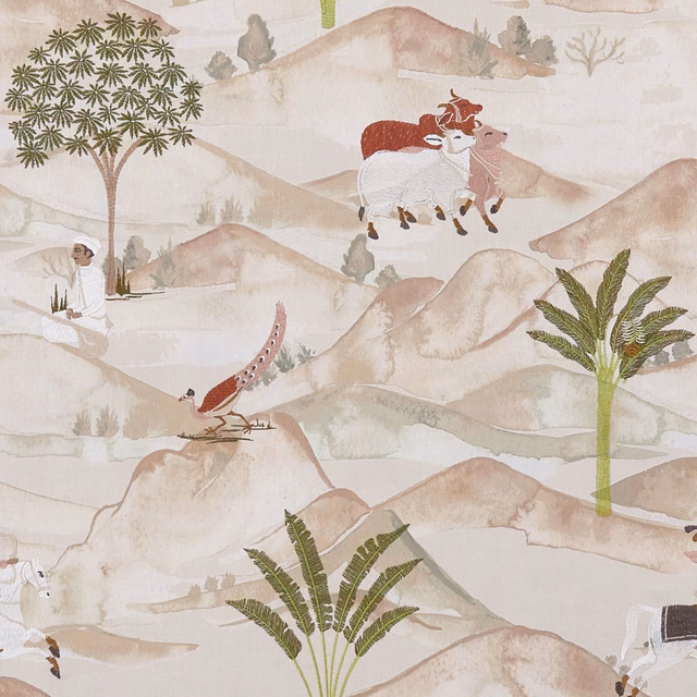 Pale blush scenic fabric with sage palms, terracotta figures and layered distant hills