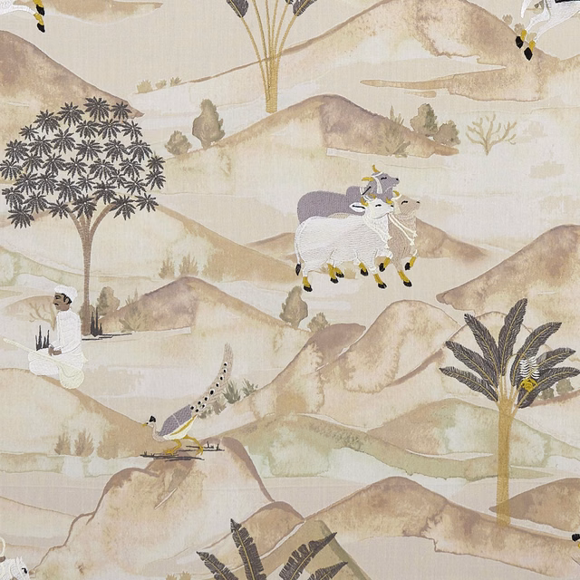 Cream scenic fabric with charcoal trees, ochre hills, palms and grazing figures