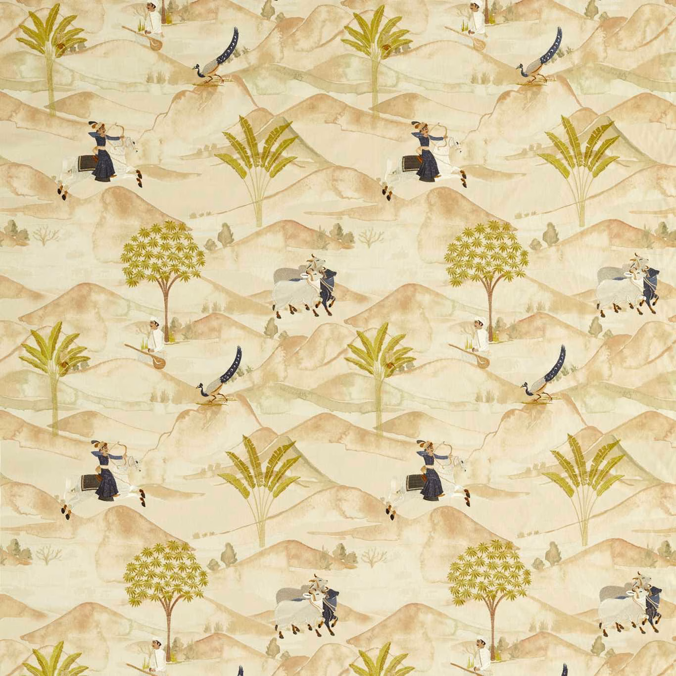 Sandy cream desert scene with olive palms and repeated denim-blue figures