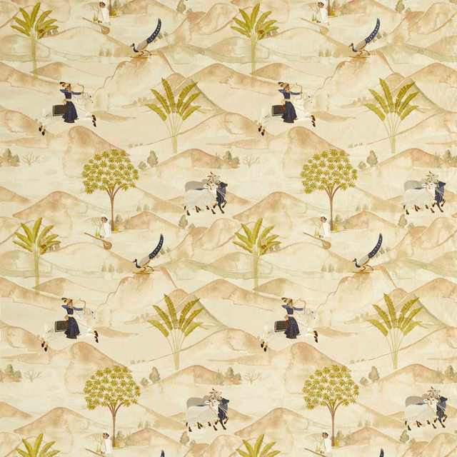 Sandy cream desert scene with olive palms and repeated denim-blue figures