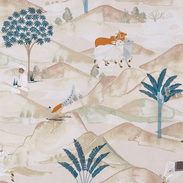 Teal palms, spice-toned animals and pale blush mountains across Sahara scenic fabric