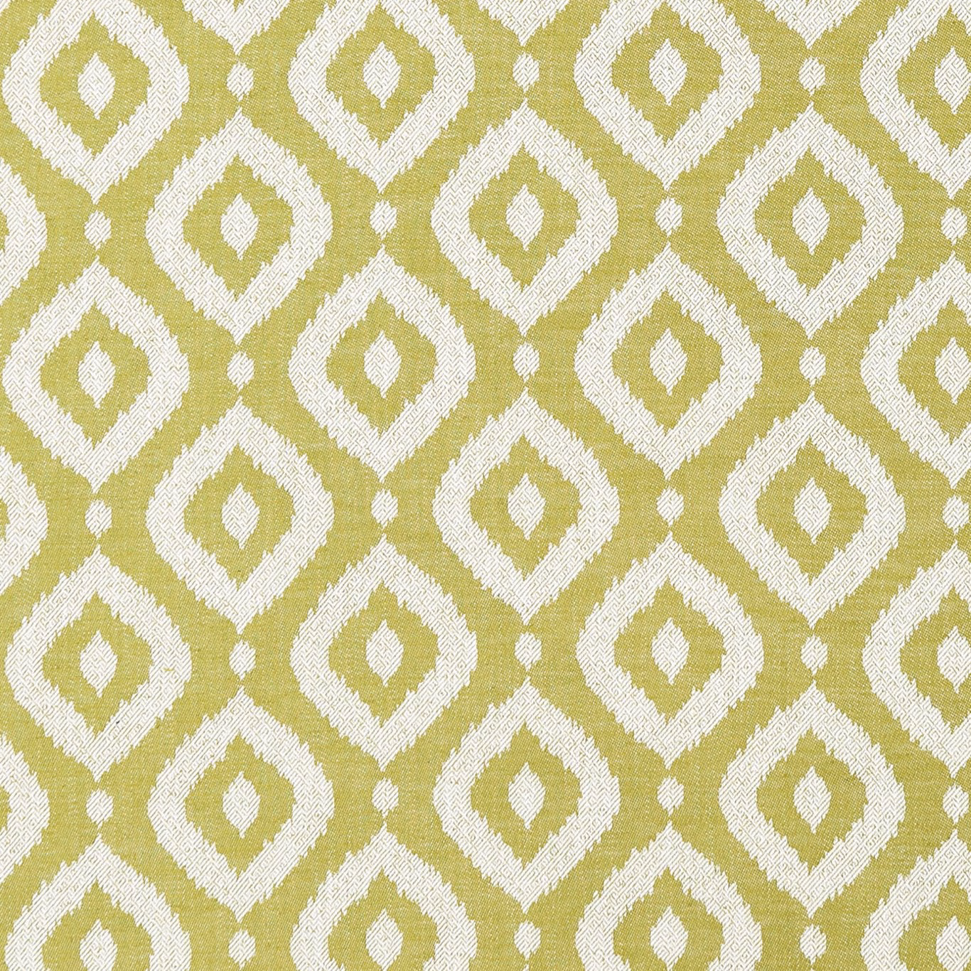 Muted apple-green woven ground with ivory nested diamond motifs and slubby texture