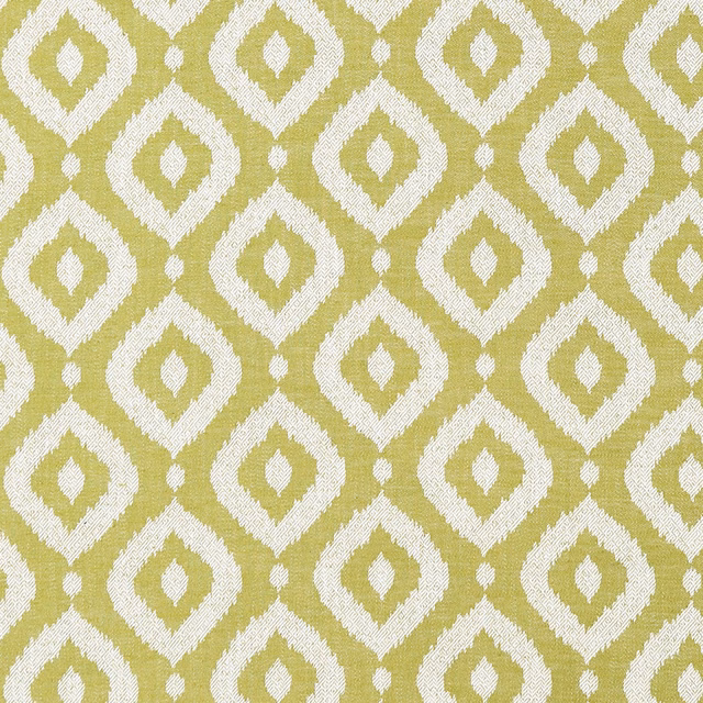 Muted apple-green woven ground with ivory nested diamond motifs and slubby texture