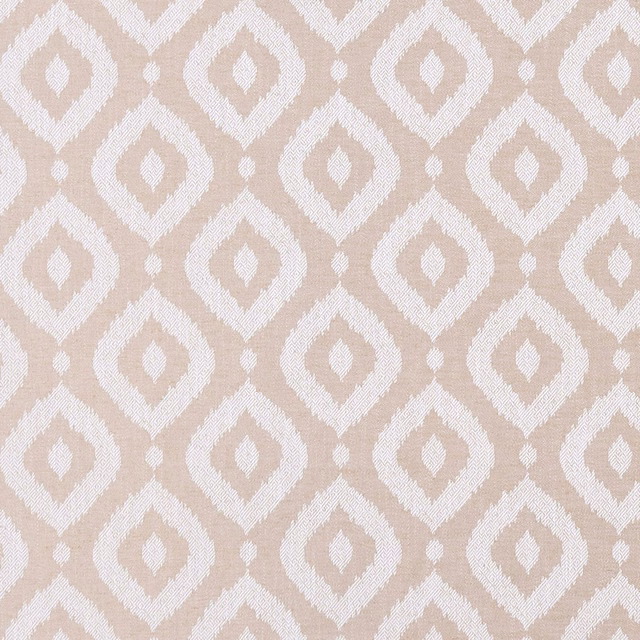 Warm blush woven ground with ivory ikat-style diamond motifs and fine texture