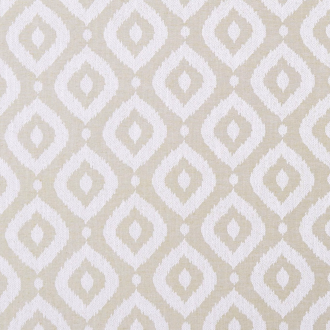 Ivory and pale greige woven fabric with repeating ikat-style diamond motifs