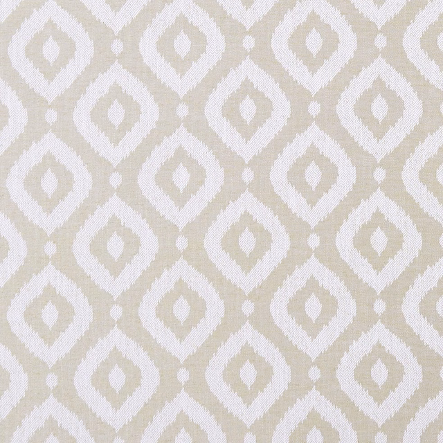 Ivory and pale greige woven fabric with repeating ikat-style diamond motifs